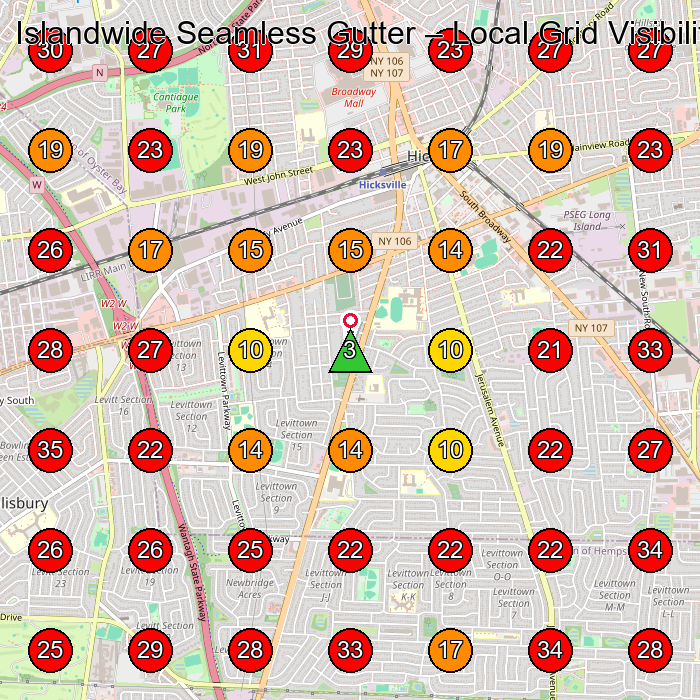 Islandwide Seamless Gutter GeoGrid visibility map for Roofing Contractor in Hicksville